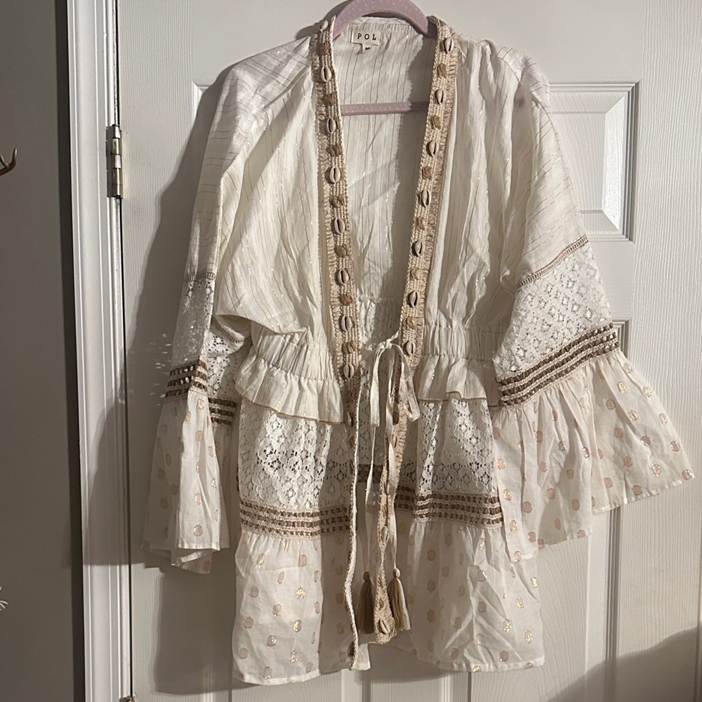 POL Cream Embroidered Boho Tie-Front Kimono